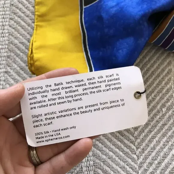 Rainbow Fish Silk Scarf Batik Rolled Edge Poncet Yellow Blue Red Green 31.5" NEW - Picture 10 of 11